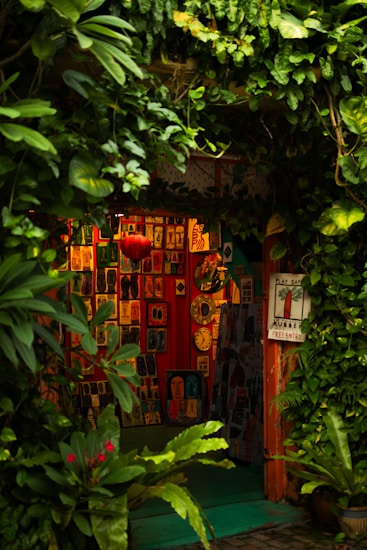 A cozy, vibrant art gallery entrance adorned with lush green foliage. Various colorful artworks are displayed on the walls, featuring abstract and figurative designs. Bright red, orange, and yellow hues create a warm ambiance, while a few small clocks and a red lantern add character to the setting.