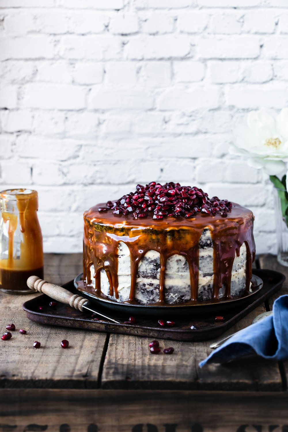 a cake sitting on top of a wooden table