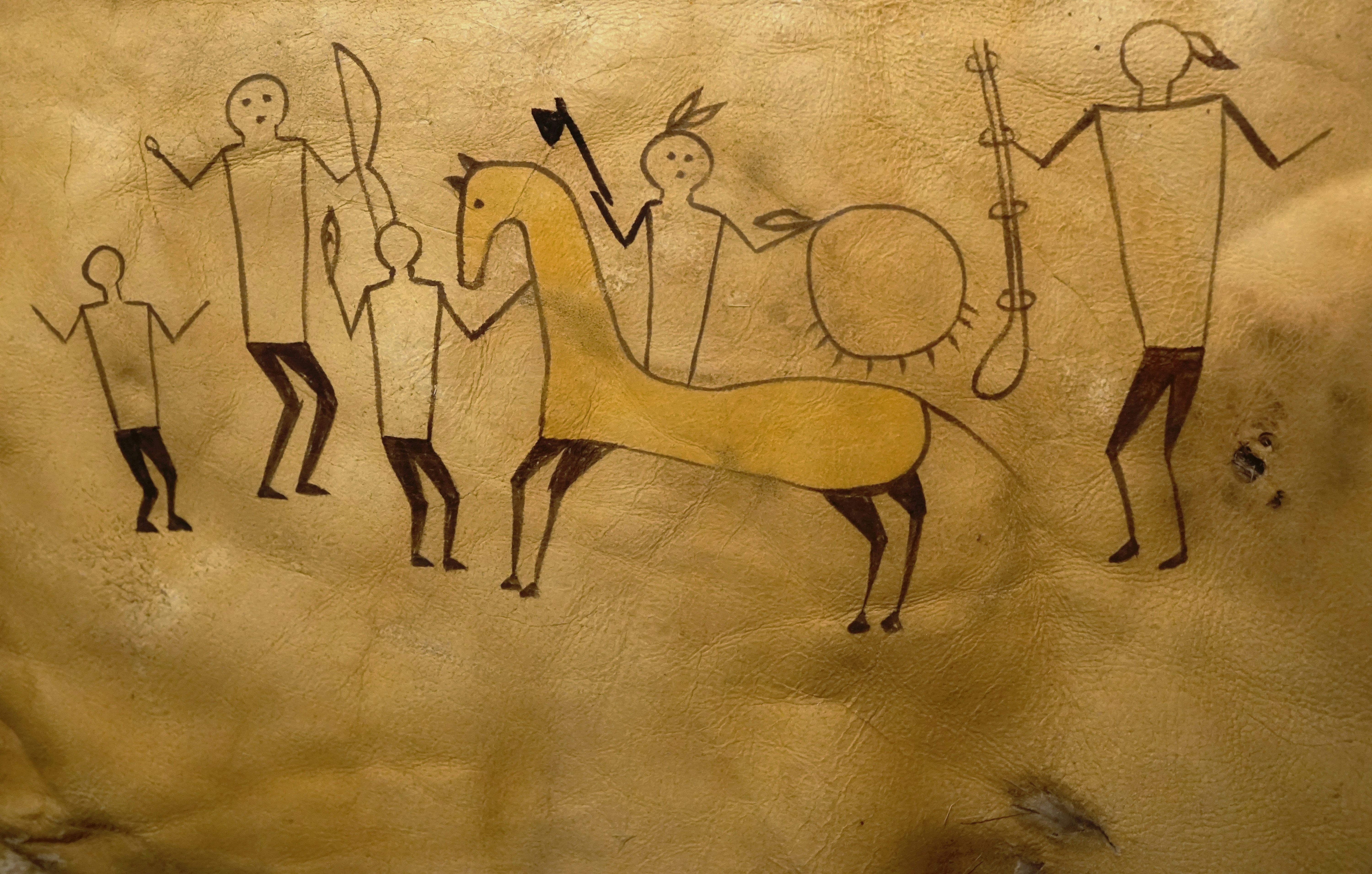 a painting of people and a horse on a wall