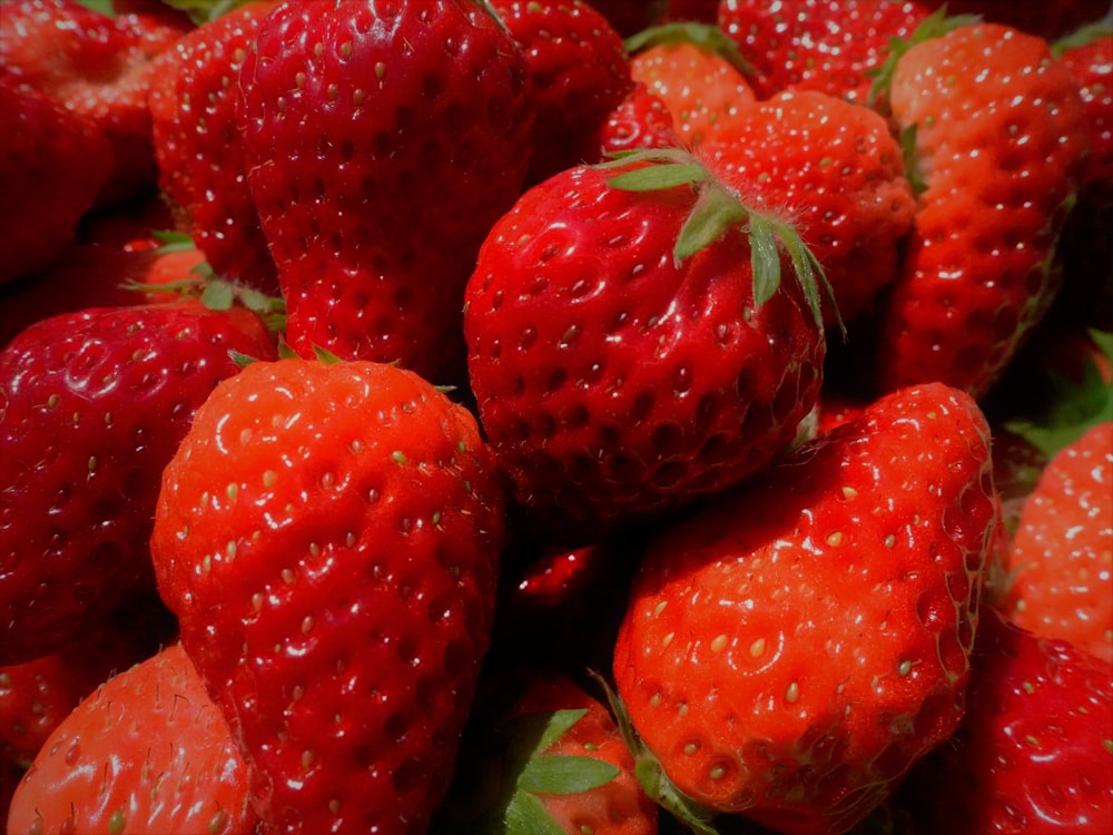 a close up of a bunch of strawberries