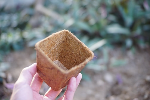 A hand holds a small, square-shaped container made from natural fibers, possibly coconut coir, with a blurred garden setting in the background.