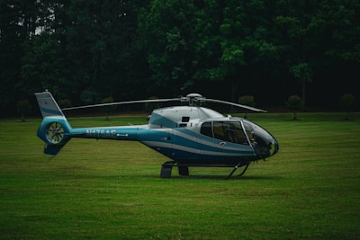 A blue and silver helicopter is parked on a verdant lawn, surrounded by a dense forest of dark green trees. The helicopter is sitting still, with its landing gear touching the grass, and appears ready for takeoff or landing.