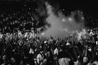 a black and white photo of a crowd at a concert