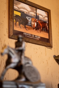 A framed photograph hangs on a wall, depicting a person on horseback amidst a group of cattle in an arena setting. Below the frame, there is a blurred statue of a person riding a horse, adding depth to the scene.