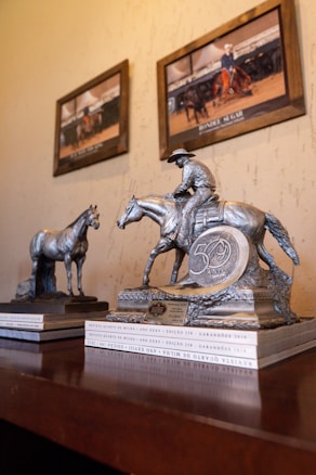 Several silver trophies featuring horse and rider sculptures are placed on a wooden surface, alongside a stack of magazines. Two framed pictures depicting scenes of horse riding are hung on the wall above.
