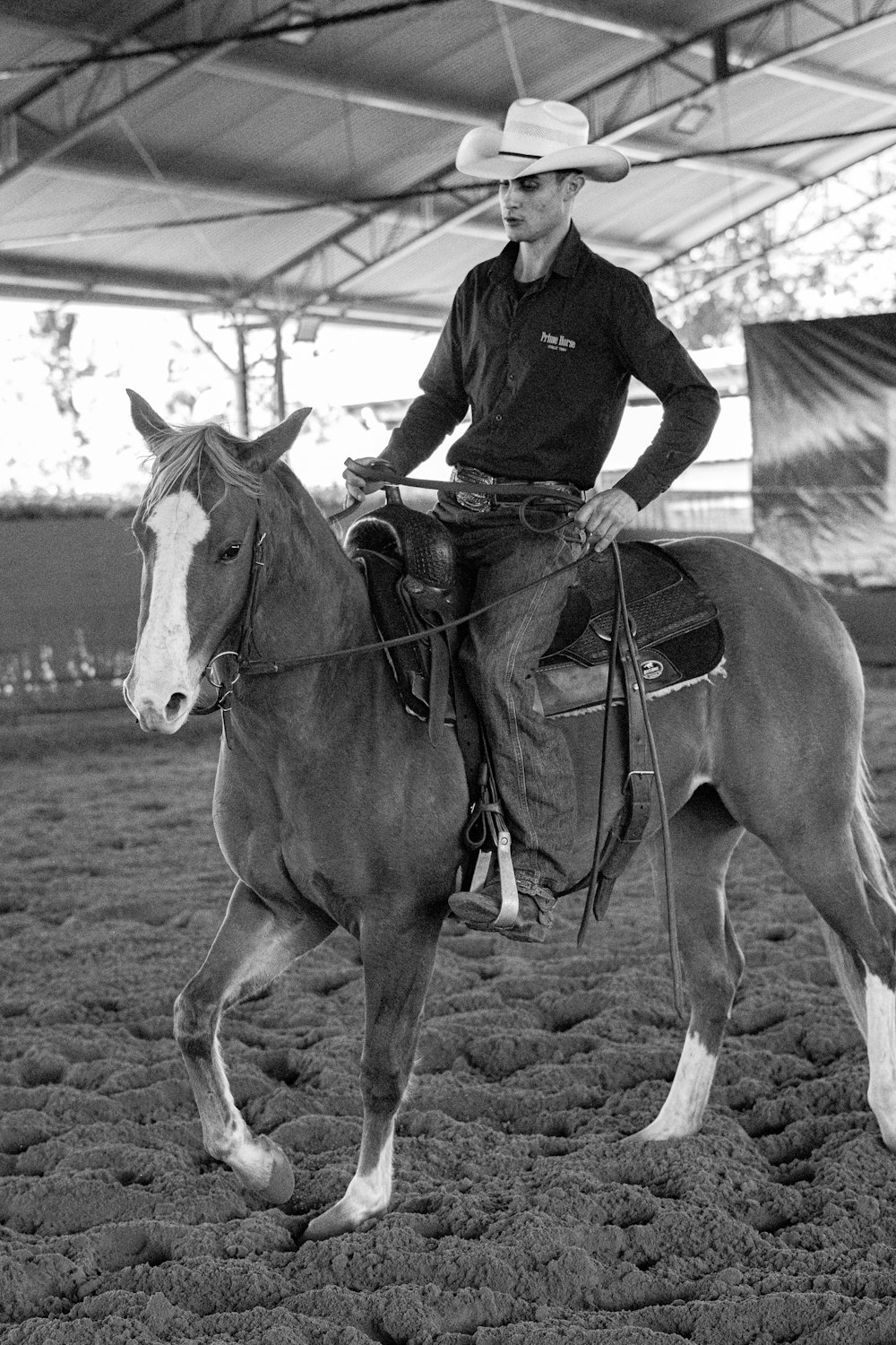 a man riding on the back of a brown horse