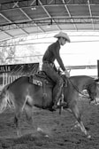 A person wearing a cowboy hat and jeans rides a horse in an indoor arena. The setting appears to be a riding event or practice session, with natural light coming through the partly open back and metal roof structure visible above.