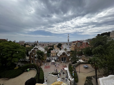 Group of friends exploring modern architecture with animated street art in Barcelona