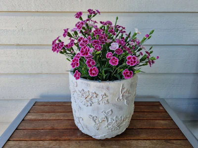 Pastel decorative flower pot with fresh blooms on a multi-purpose household tray