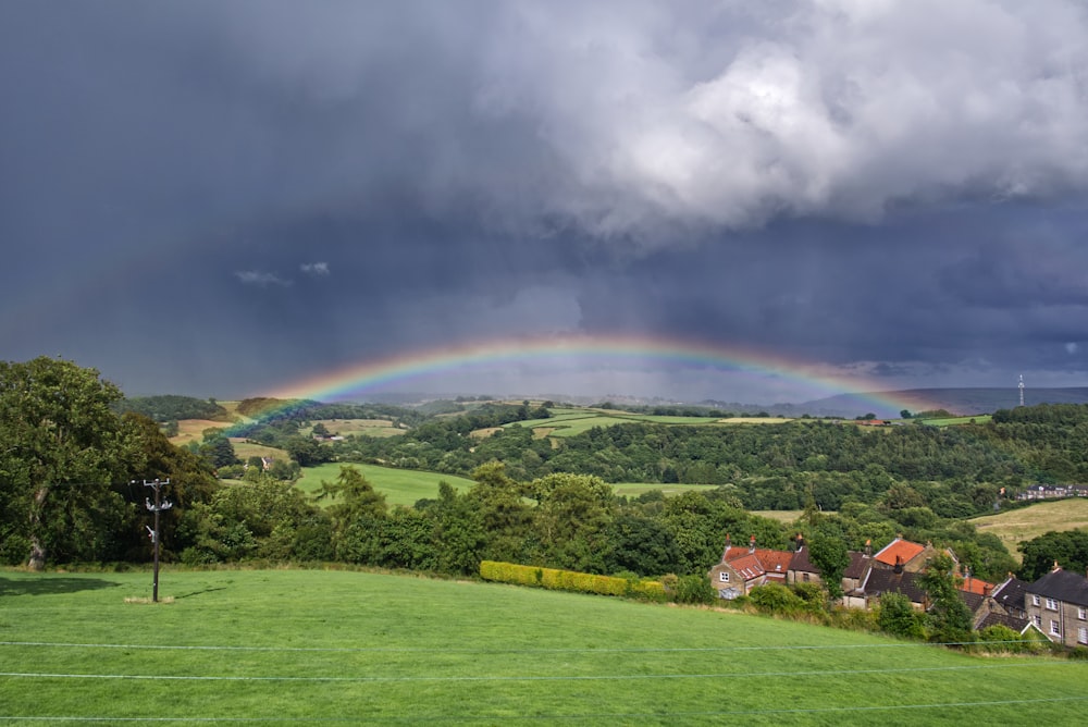 a rainbow in the sky over a lush green field