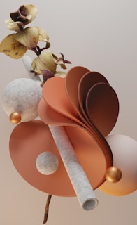 A surreal composition featuring a combination of natural and abstract elements. There are curved, fan-like structures in shades of orange, alongside spherical and tubular shapes with a textured appearance. Yellow, brown-hued flowers with subtle details intertwine with these elements, creating a harmonious balance of organic and geometric forms.