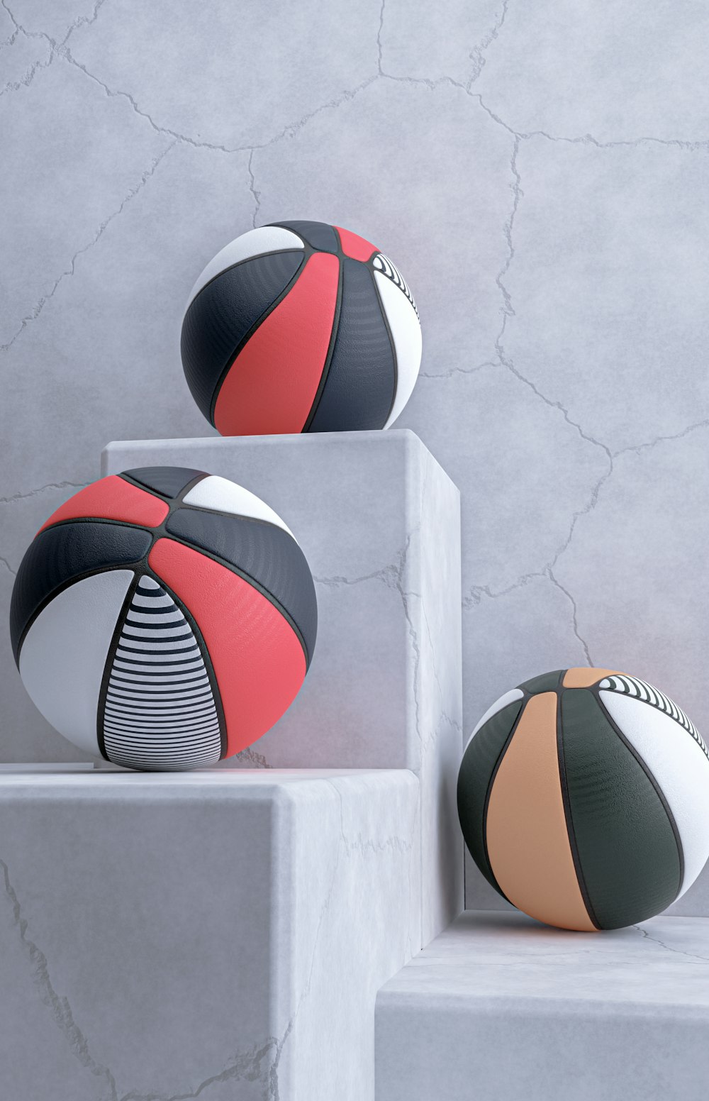 three balls sitting on top of a set of steps