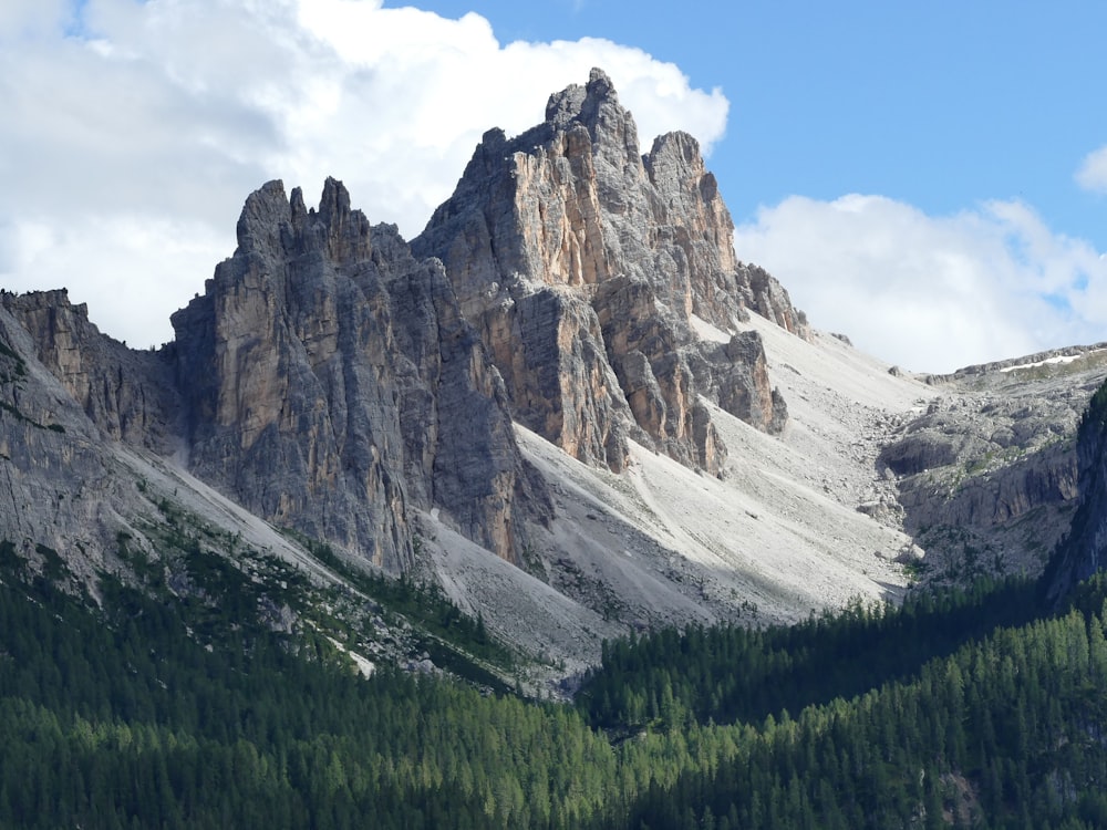 a mountain range with a few trees in the foreground