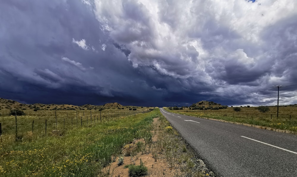 a road with a fence and a field with wildflowers