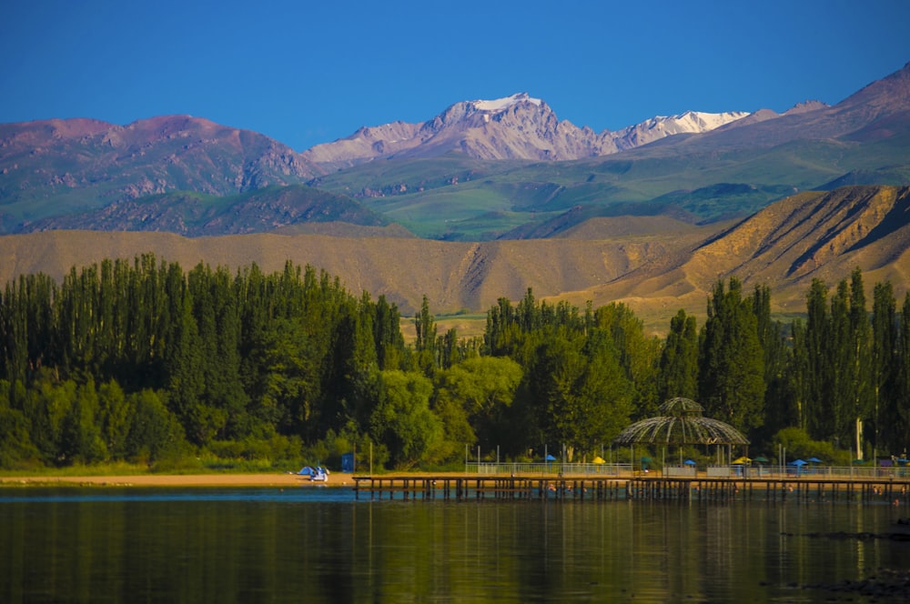 a lake with mountains in the background