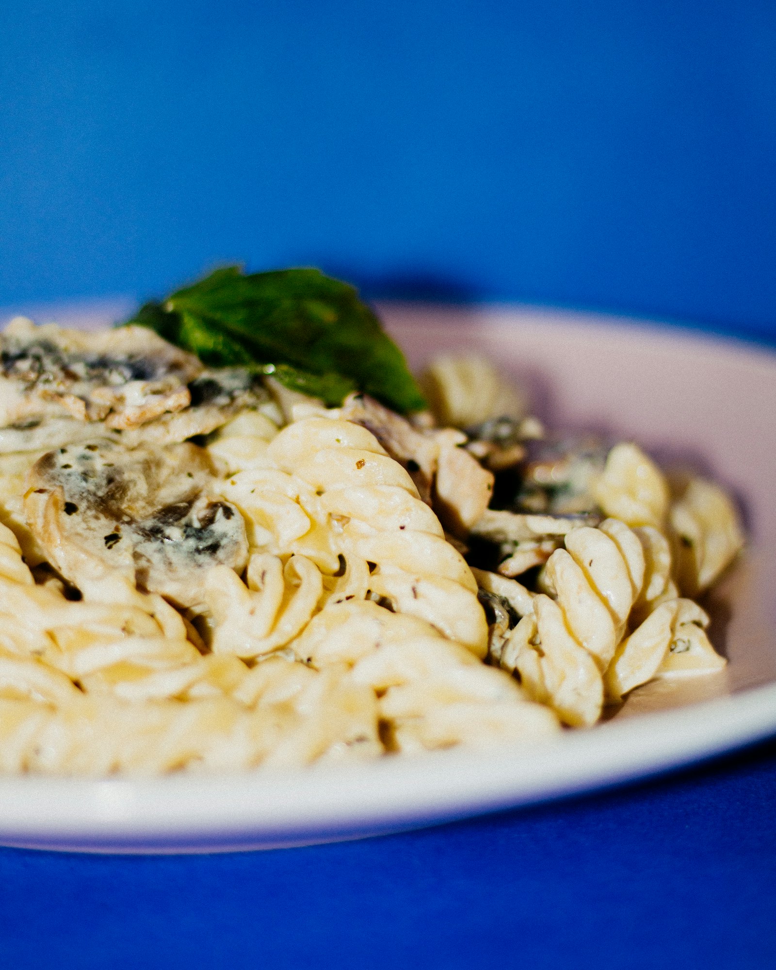 A plate of pasta with mushrooms and greens