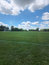 A lush green football field with goalposts and clear skies.