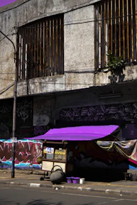 A colorful food cart designed and built by Luzfera, bustling at a local market.