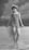 A vintage photograph features a woman standing in shallow water while leaning against a low wall. She is wearing a striped one-piece swimsuit and a headscarf, typical of early 20th-century fashion. The background is a painted backdrop of trees and sky, suggesting a studio setting.