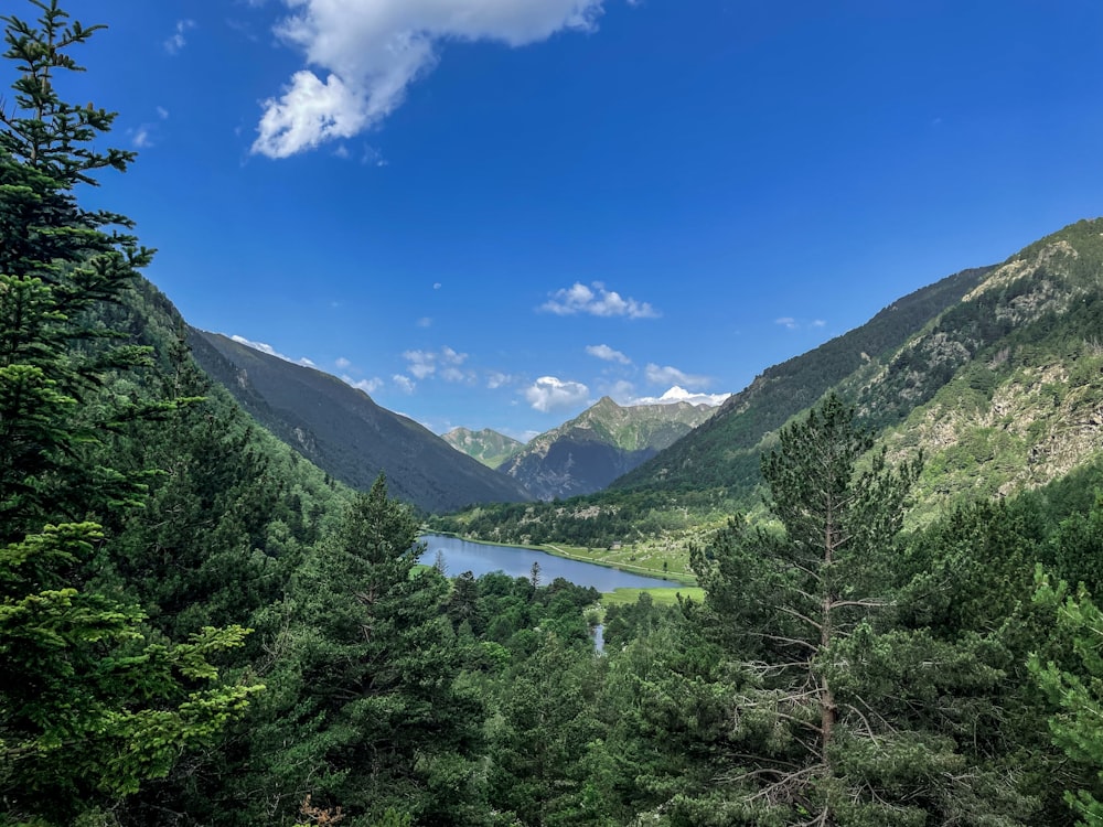 a scenic view of a lake surrounded by mountains