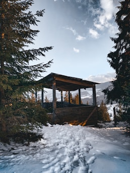An experienced hiker building a shelter with natural materials in a snowy landscape.