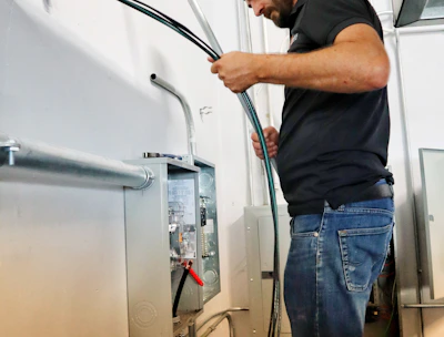 Technician installing a new water heater in a residential bathroom.