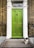 A green front door with a brass knocker and mail slot sits in a brick wall, framed by white molding. The door has the number 45 above it. A striped cat is sitting on the stone doorstep, surrounded by black metal railings.