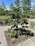 A well-maintained garden features a small, beautifully shaped conifer tree planted in a square plot surrounded by a pebble pathway. The lush greenery includes various shrubs and plants. Tall deciduous trees in the background add depth to the scene under the bright blue sky.