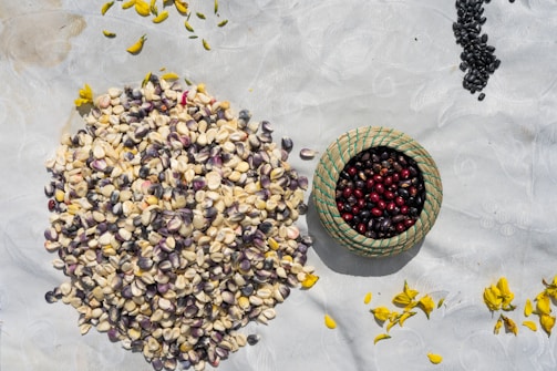 A collection of various seeds and grains spread on a light-colored surface, with a small woven basket filled with red and black seeds. Scattered around are yellow flower petals.