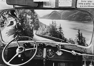 A cheerful tour bus driver smiling behind the wheel of his coach in a scenic European landscape.
