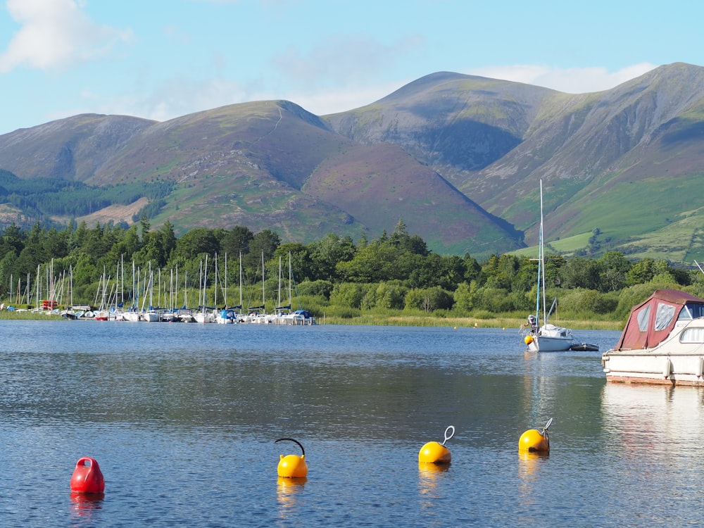 a body of water with boats and mountains in the background