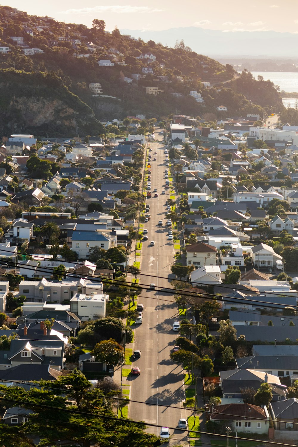 an aerial view of a city with houses and a hill in the background