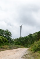 A tall wind turbine stands amidst a lush green landscape, surrounded by dense trees and foliage. A dirt path leads towards the turbine, under a cloudy sky that suggests an overcast day.