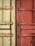 The image features metal doors with bolts and hinges, divided into two sections with distinct colors. On the left, the door is a light cream or pale green shade, while the right side is a reddish-brown. The metal fixtures show signs of wear, giving the doors a rustic or industrial look.