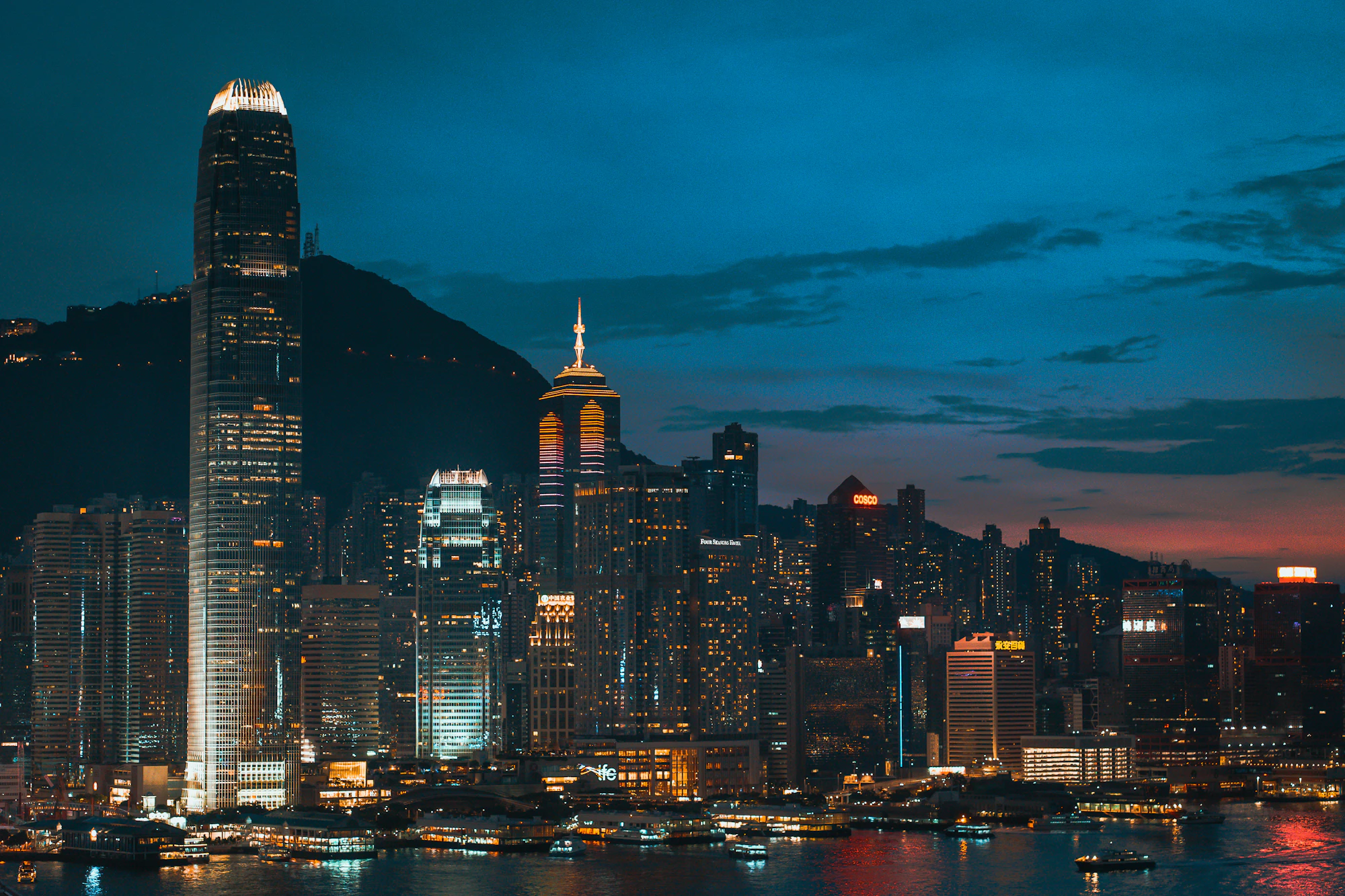 Hong Kong Victoria Harbour skyline at blue hour
