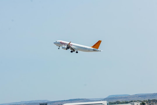 A commercial airplane is ascending into the sky with its landing gear still down. The aircraft has branding on its side, displaying 'flypgs.com' and 'PEGASUS' on its body and tail. The sky is clear and light blue, with faint distant hills visible at the bottom of the image.