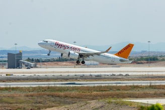 An airplane is taking off from an airport runway. The aircraft has the logo and website of Pegasus Airlines visible on its fuselage and tail. The background shows a clear sky and distant landscape with mountains and airport infrastructure.