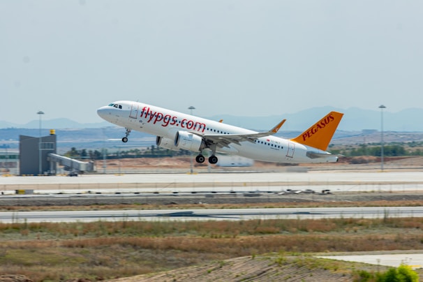 An airplane is taking off from an airport runway. The aircraft has the logo and website of Pegasus Airlines visible on its fuselage and tail. The background shows a clear sky and distant landscape with mountains and airport infrastructure.