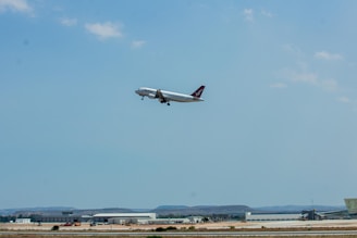 Cargo plane taking off under a clear blue sky, symbolizing global export.