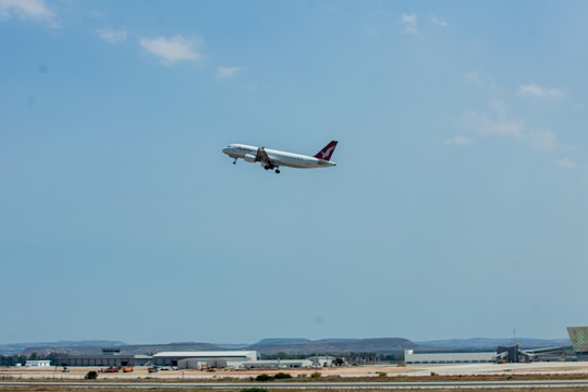 Cargo plane taking off from Hong Kong airport under a clear sky.