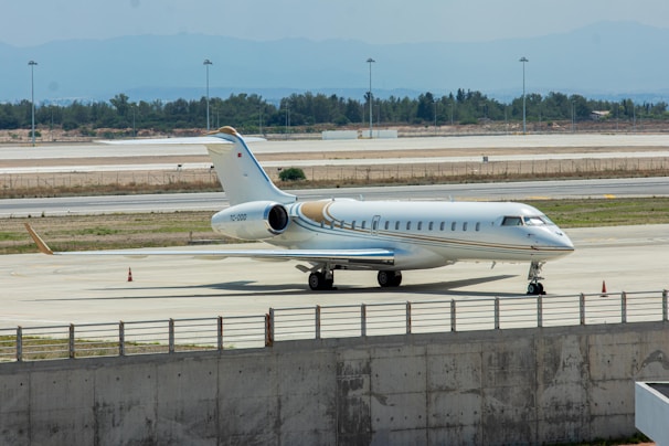 A private jet is parked on an airport tarmac. It is white with gold and blue detailing. The background features an expansive view of the airfield with distant trees and a hazy mountainous horizon. Orange traffic cones mark the area around the aircraft.