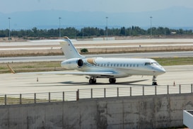 A private jet is parked on an airport tarmac. It is white with gold and blue detailing. The background features an expansive view of the airfield with distant trees and a hazy mountainous horizon. Orange traffic cones mark the area around the aircraft.