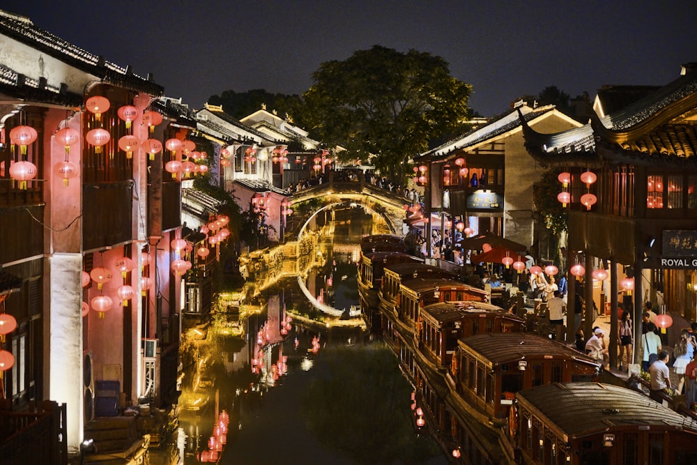 a river running through a city at night