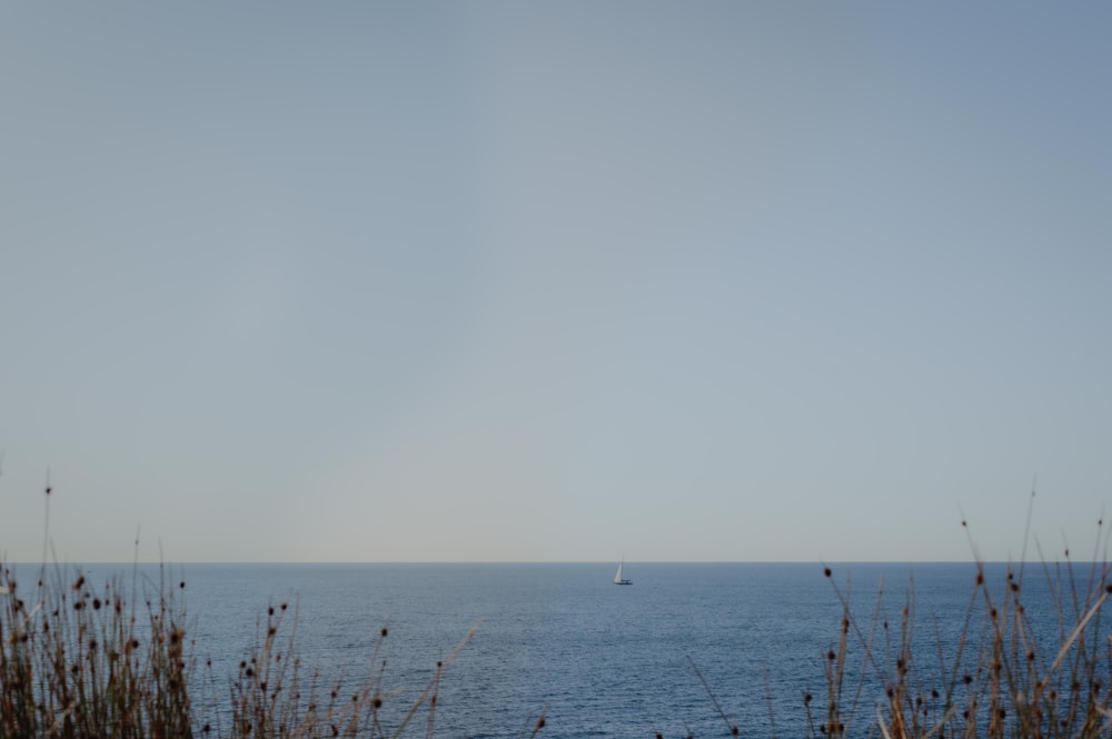 una vista dell'oceano con una barca a vela in lontananza