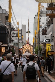 A vibrant street scene in Seoul during a colorful festival with lanterns and traditional hanbok attire