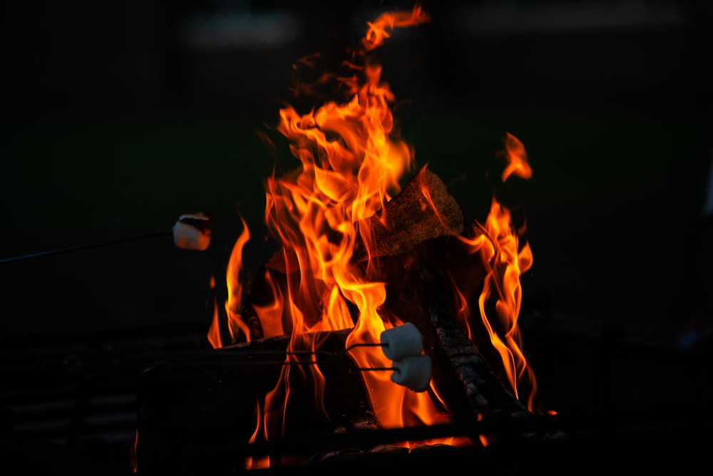 a close up of a fire burning in the dark