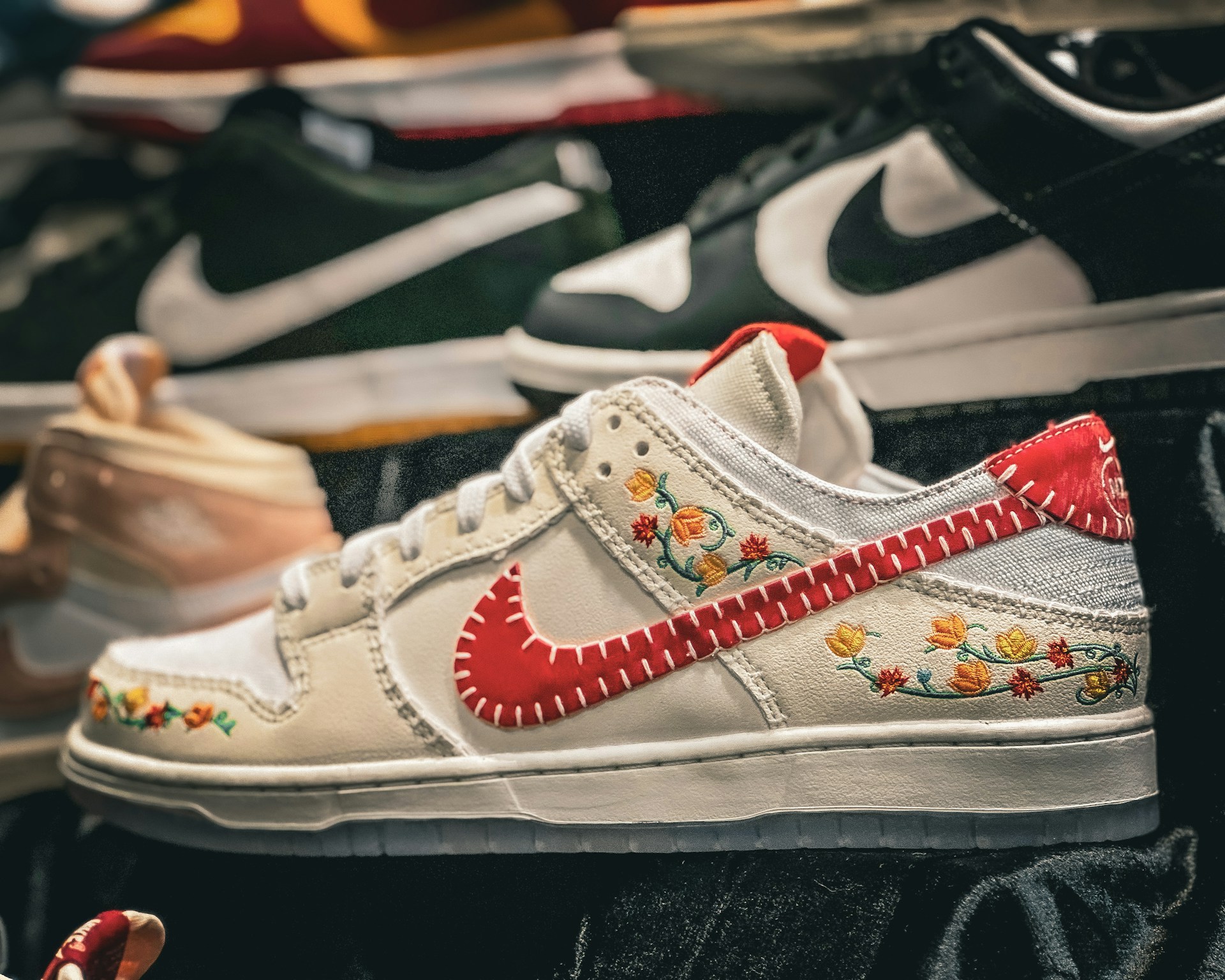 a bunch of shoes that are on a table