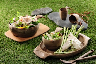 Freshly prepared dishes served on rustic plates in a casual setting.