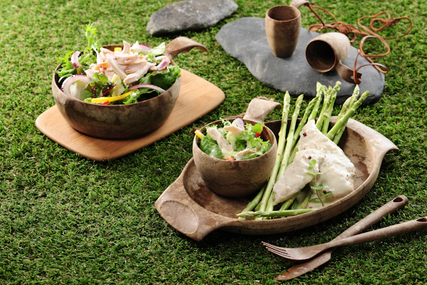 Fresh, colorful meals served on a rustic outdoor table