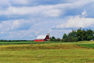 A picturesque view of a barn surrounded by fields and trees.